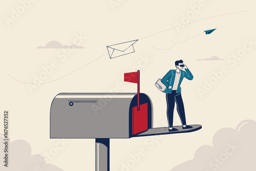 
Email newsletter notification, marketing communication or subscription message alert, subscribe to receive notification message concept, businessman marketing open mailbox to notify subscribed user. 