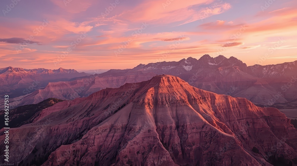Naklejka premium Sunrise and sunset over snowy mountain landscape with scenic sky and valley view