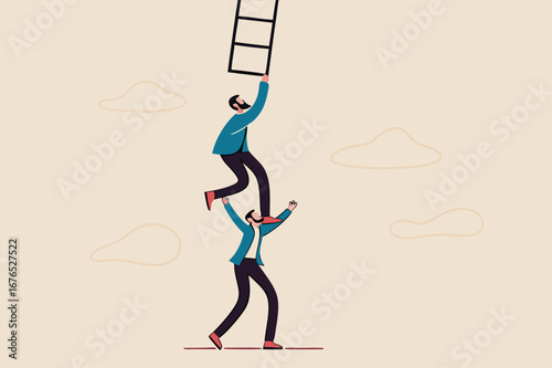 Support or mentor to achieve business success, teamwork collaboration or partnership help to reach target concept, businessman coworker support his colleague reaching to climb ladder of success.