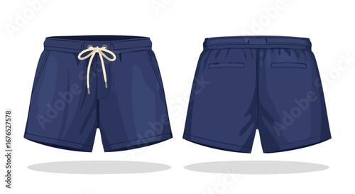 Modern dark blue casual shorts with white drawstring, front and back views, stylish sportswear for men,summer fashion staple