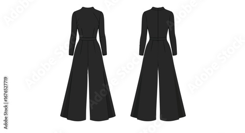 Technical drawing showcasing an elegant black jumpsuit with long sleeves and wide-leg pants on a white background