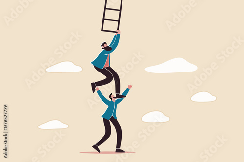 Support or mentor to achieve business success, teamwork collaboration or partnership help to reach target concept, businessman coworker support his colleague reaching to climb ladder of success.