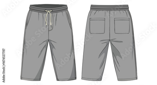 Front and Back Technical Drawing of Gray Cropped Sweatpants with Drawstring Waistband and Pockets for Fashion Design and Apparel