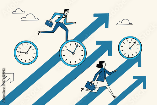 
Time management, effort or efficiency boost, productivity to finish project, teamwork or planning, multitasking or finish work within deadline concept, business people riding clock up rising arrow.