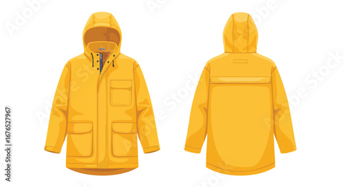 Illustrative golden yellow rain slicker with hood and pockets, front and back views displayed against a white backdrop offering protection, suitable