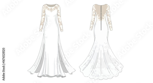 Sophisticated long-sleeved white gown with intricate lace detailing for a memorable wedding day silhouette illustration