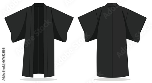Illustrative depiction of a black kimono, displaying both the front and rear views against a white background, showcasing the robe's symmetrical