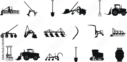 Agricultural tool silhouettes, farming equipment icons, tractor vector, plow illustration, black design, rural machinery, seeders, pitchforks, shovel shapes, cultivation concept