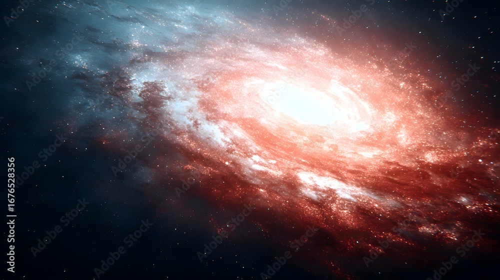 Obraz premium A swirling galaxy, vibrant with hues of red, orange, and blue, displays cosmic beauty and vastness against a dark backdrop.