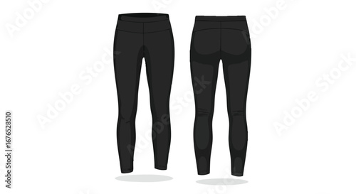 Black athletic leggings illustration for sports and fitness apparel product design showcasing front and back views offering detailed product