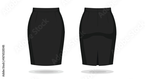 Sleek silhouette: Black pencil skirt front and back view ideal for professional and stylish wardrobe essentials showcases versatility fashion