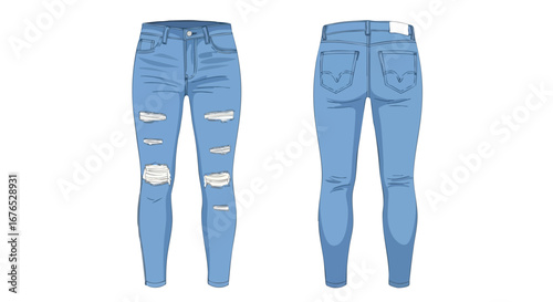 Modern Torn Denim Trousers Displaying Contemporary Style and Urban Fashion Aesthetic, Front and Back Views Presenting the Jeans in High Resolution