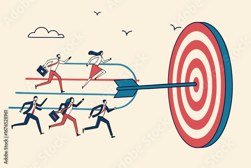 Team target or goal achievement, company or corporate objective and purpose to success in work, strategy or same direction to win together concept, business people employee running to reach target.
