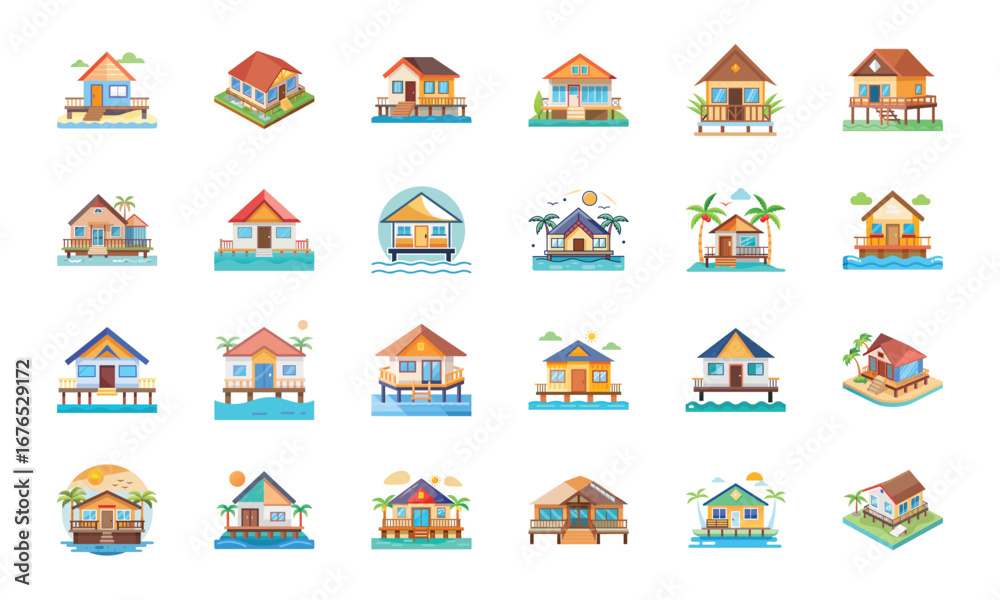 Naklejka premium Collection of Various Building and Architecture Icons Including Temple, Church, Factory, Stadium, Shops, Barn, Greenhouse, Camper, Houses, Apartments, Gas Station, School, Lighthouse, Mosque, and Ware