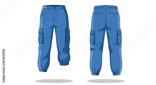 Contemporary blue cargo pants design showcasing front and back views for versatile fashion visuals and design inspiration product showcase