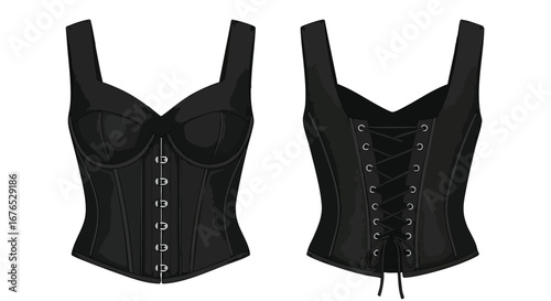 Elegant black boned corset with hook and eye closures, back lacing with thin spaghetti string, on a white background to show all details, fashion