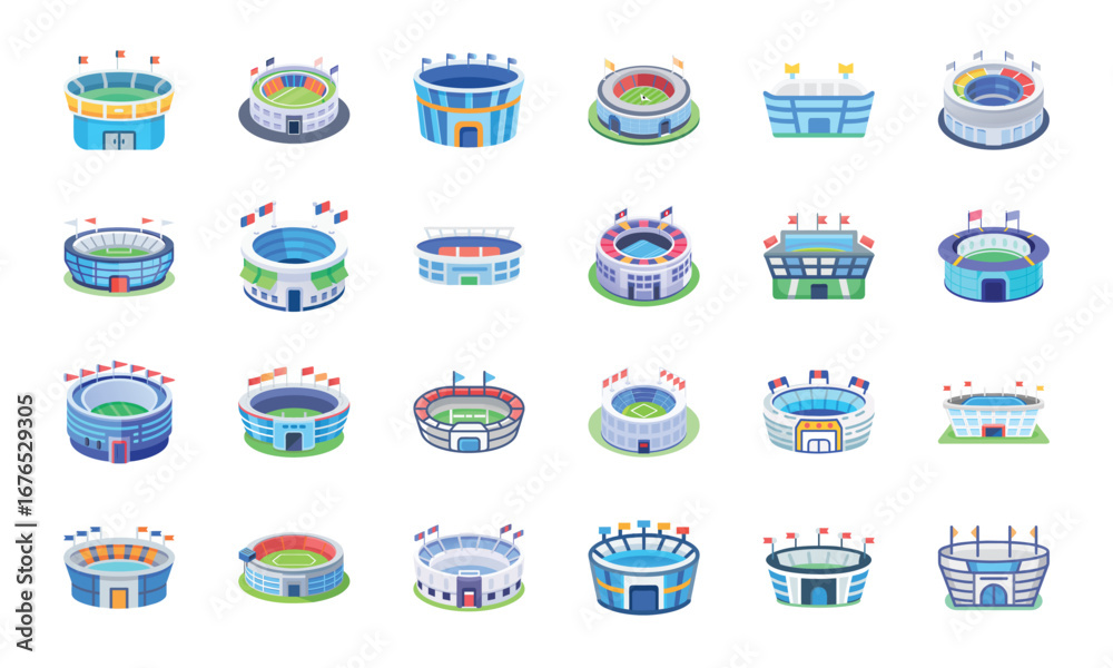 Naklejka premium Collection of Various Building and Architecture Icons Including Temple, Church, Factory, Stadium, Shops, Barn, Greenhouse, Camper, Houses, Apartments, Gas Station, School, Lighthouse, Mosque, and Ware
