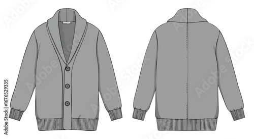 Cozy Shawl Collar Cardigan Design: Fashionable Front and Back View Illustration for Style Inspiration
