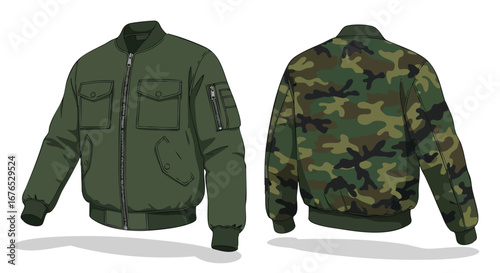 Detailed depiction of a bomber jacket showcasing both its solid green front and camouflage back designs