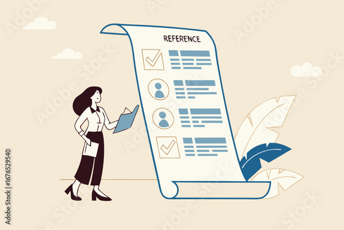 Professional references resume, people who recommend, working experience or recommendation for candidate, skill guarantee concept, business woman with reference people and work experience document. 