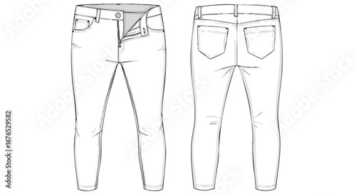 Technical Apparel Blueprint: Detailed Front and Back Views of Fitted Jeans for Fashion Design and Product Development Visualizations
