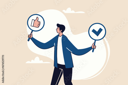 Do and Don't list, suggestion, advice or rules that make business success, things to do, solutions or to avoid mistake and error concept, smart businessman holding waring thumb up and thumb down sign.