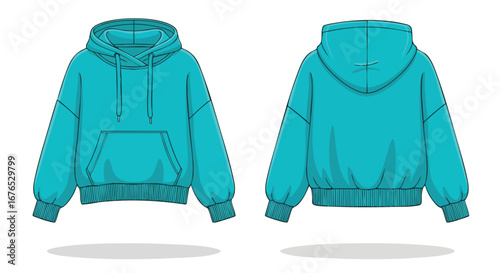 Detailed Turquoise Hoodie Fashion Template, Front and Back View Showing Design Details, for Apparel and Garment Mockups