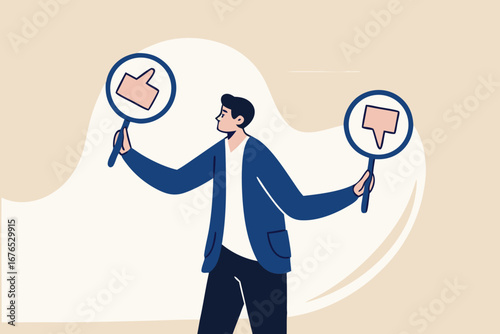 Do and Don't list, suggestion, advice or rules that make business success, things to do, solutions or to avoid mistake and error concept, smart businessman holding waring thumb up and thumb down sign.