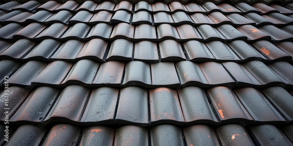 Fototapeta premium Dark grey clay roof tiles, weathered and textured, roofing, rooftop