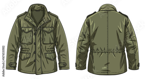 Olive Drab Field Jacket Illustration: Front and Back View Showcasing a Classic Military-Inspired Outerwear Design with Distinctive Features and