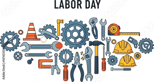 Labor day illustration featuring various tools and equipment, symbolizing hard work and skilled trades