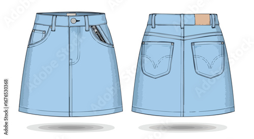 Fashionable light blue denim skirt design, front and back view with pockets and zipper elements, against a plain white background for style