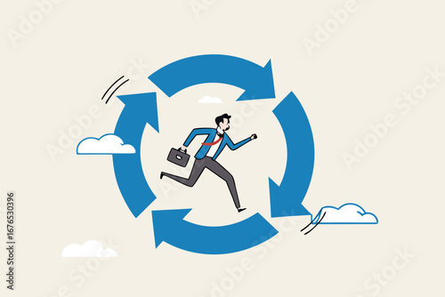 Working habit, life cycle or daily routine behavior, agile development, discipline or working efficiency, procedure or process to success concept, businessman running on habit circle arrow diagram. 