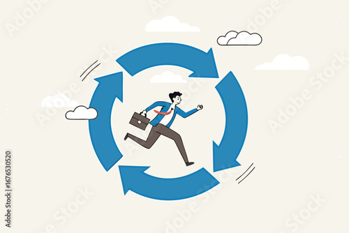 Working habit, life cycle or daily routine behavior, agile development, discipline or working efficiency, procedure or process to success concept, businessman running on habit circle arrow diagram. 