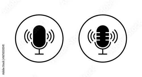 Podcast microphone icon. Audio recording, voice, and radio broadcast symbol in circular outline