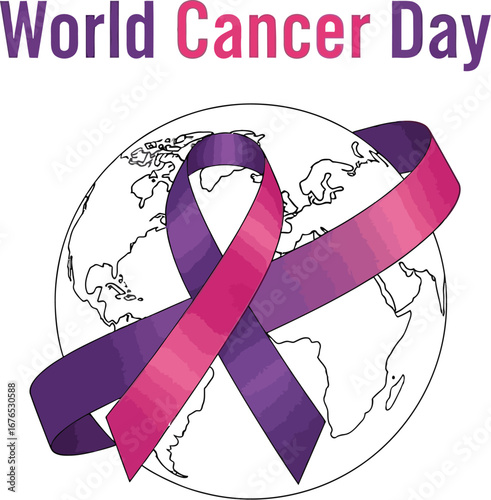 World cancer day awareness ribbon wrapped around globe, symbolizing hope, support, and fight against cancer