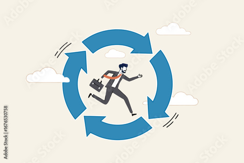 Working habit, life cycle or daily routine behavior, agile development, discipline or working efficiency, procedure or process to success concept, businessman running on habit circle arrow diagram. 