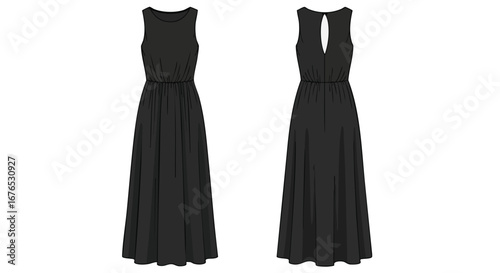 Elegant black sleeveless maxi dress depicted from front and back views in a minimalist style fashion illustration