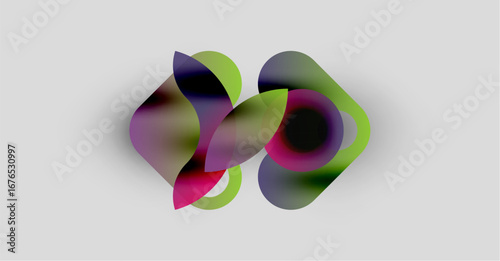 Abstract shapes overlap, creating vibrant color blends. Soft gradients suggest movement, light interplay. Minimalist composition, clean background.