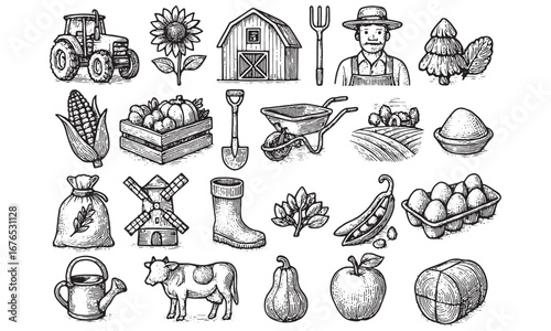 Hand-Drawn Farm and Agriculture Icon Set for Rural Design Projects