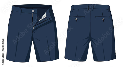 Navy Blue Tailored Shorts: A Stylish Summer Apparel Option for Men, Front and Back View Displayed, Perfect for Hot Weather and Versatile Wardrobe