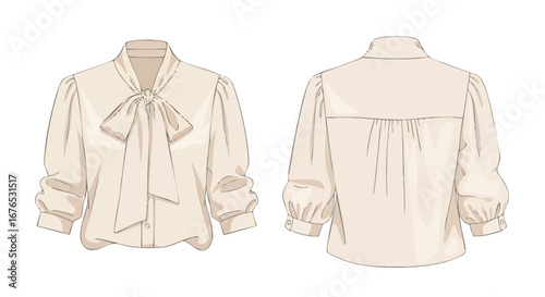 Elegant blouse sketch showcasing front tie and gathered sleeves, revealing both the refined front and the subtle back detailing on white background