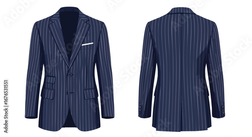 Sophisticated Navy Pinstripe Suit Jacket Showcase Front and Back View on White Backdrop