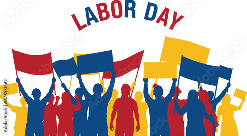 Illustration of a crowd of people celebrating labor day with flags and banners, symbolizing workers rights and achievements