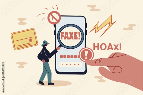 Fake news, false information sharing on social media, hoax or lies censorship, fake website cheating, scam or dishonesty report concept, man magnifying glass on social media as fake news attention.