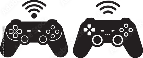Two wireless gaming controllers connected silhouette