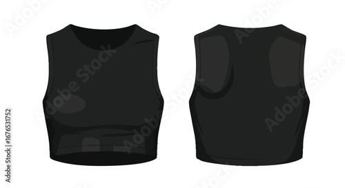 Black crop top showcase: Front and back views for fashion design reference and apparel presentation displaying the garment details