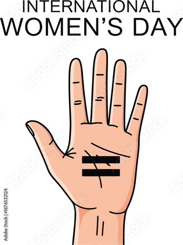 International Women's Day illustration featuring a hand with equality symbol