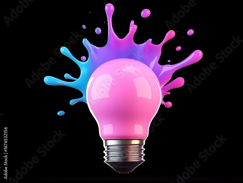 Pink lightbulb with vibrant paint splashes