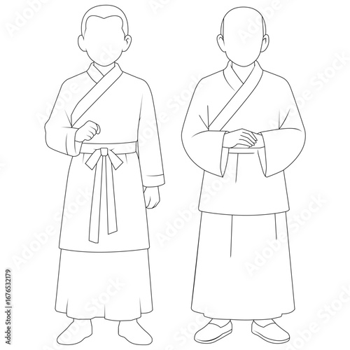 Set Lineart Cartoon Character Chinese Religious Leaders, Monks, Scholars, and Clergy. Bundle Illustrations Representing Faith, Spiritual Teachings, Devotion, and Guidance. Chinese Leadership.